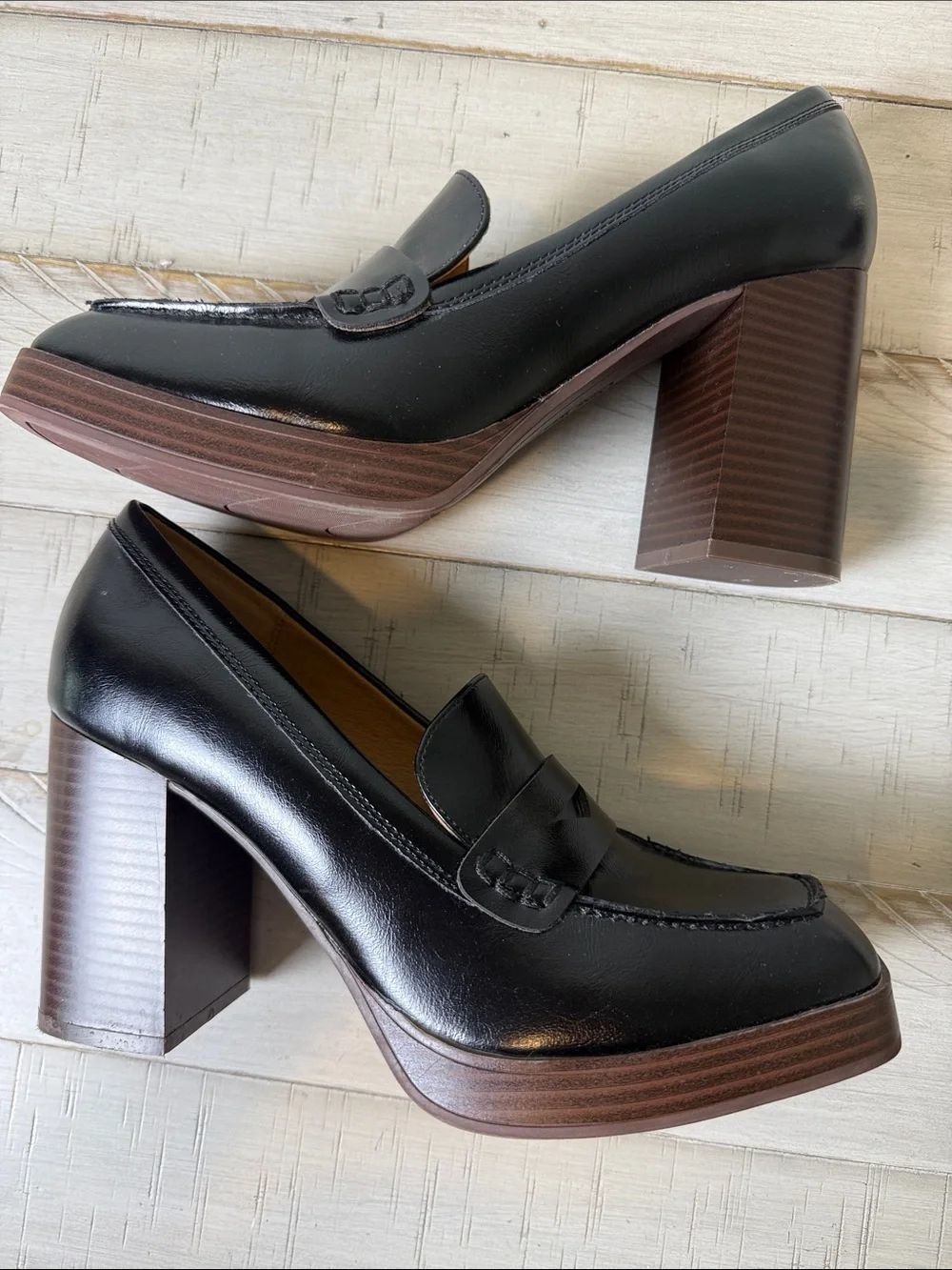 Nine West Chunky Black Square Toe Loafer Style Platform Shoes Size 8.5